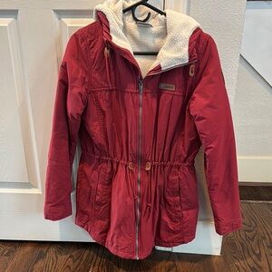 Red Coat with Hood and Drawstring Waist